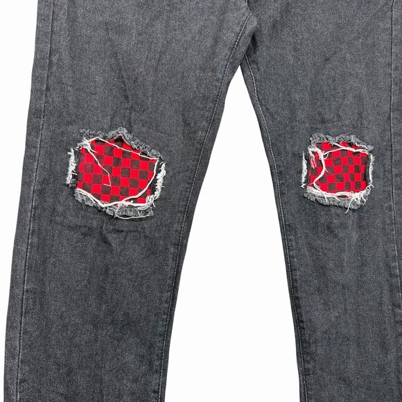 Romwe Black Distressed Jeans Sz 36 Checker Patch Ripped Straight Fit Punk - Picture 8 of 11